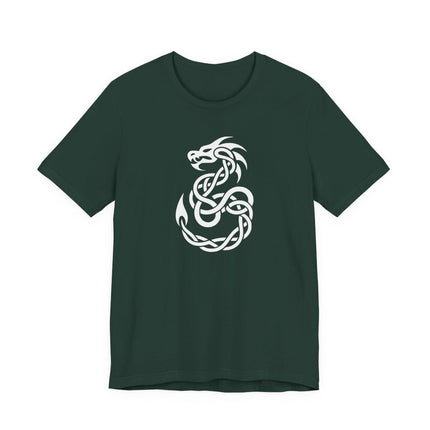 Celtic knotwork dragon graphic design on a dark green t-shirt.