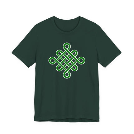 Dark green t-shirt featuring a bright green Celtic endless knotwork symbol graphic design.