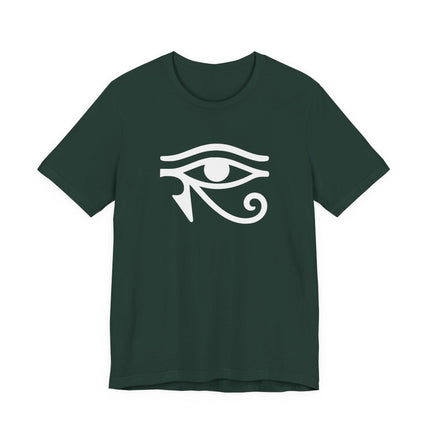 Eye of Horus Egyptian symbol graphic on a dark green unisex t-shirt.