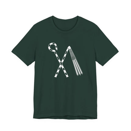 Ancient Egyptian crook and flail symbol graphic tee on a dark green shirt.