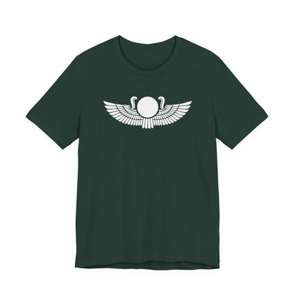 Dark green t-shirt featuring a white winged sun disk symbol, representing Ancient Egyptian mythology.