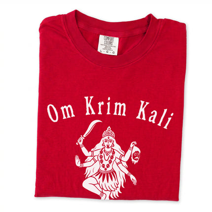 Graphic t-shirt featuring Om Krim Kali Sanskrit symbols and Hindu Goddess Kali artwork print.