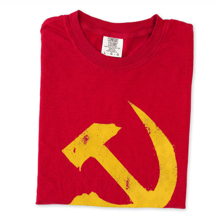 Vintage hammer and sickle t-shirt with distressed Soviet graphic design print.