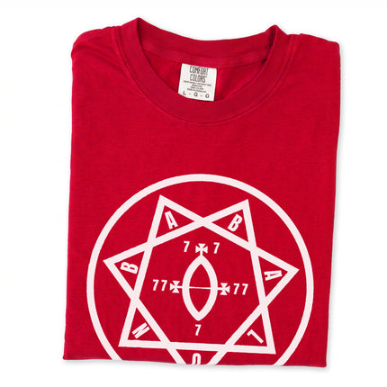 Star of Babalon occult symbol t-shirt featuring Thelema magick design print.