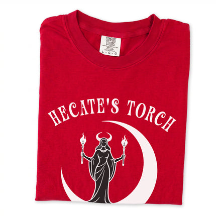 Hecate's torch design featuring a crescent moon and Greek mythology motifs on a tee shirt.