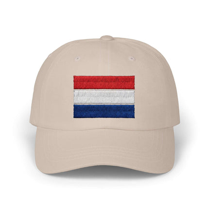 Embroidered Dutch tricolor flag baseball cap in tan color.
