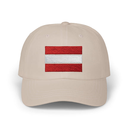 Embroidered Austrian flag baseball cap in beige for national pride and travel.