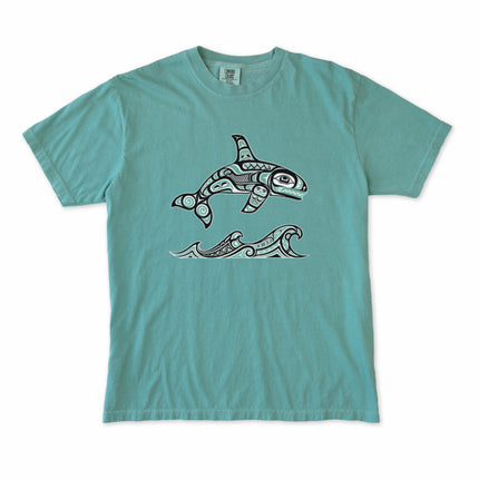 Haida formline art t-shirt featuring an orca killer whale swimming through powerful waves.