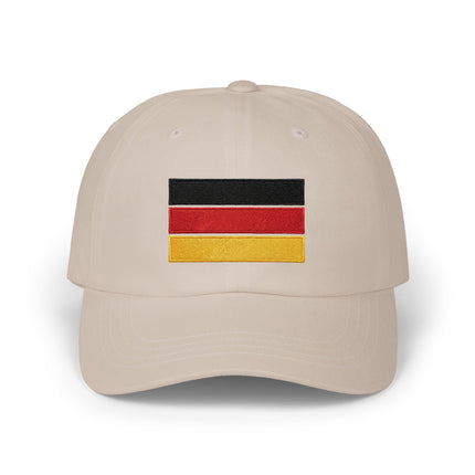 German flag embroidered baseball cap in beige. Features black, red, and gold stripes.