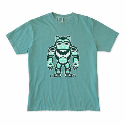 Haida style Sasquatch Bigfoot graphic t-shirt featuring indigenous Pacific Northwest art design.