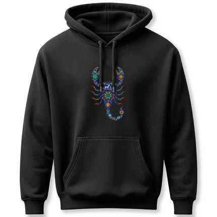 Vibrant Huichol scorpion folk art graphic on a black pullover hoodie.