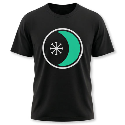 Black t-shirt featuring a crescent moon and pagan star symbol graphic.