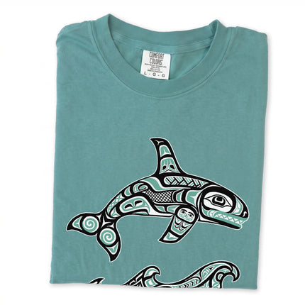 Haida formline art killer whale and wave graphic t-shirt design featuring orca print.