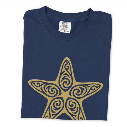 Ornate tribal starfish graphic on a black unisex t-shirt featuring sea creature art.