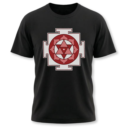 Black tee featuring a red Shiva Yantra sacred geometry symbol print.