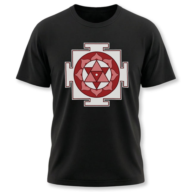 Black tee featuring a red Shiva Yantra sacred geometry symbol print.
