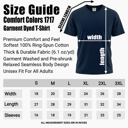 Size chart for Comfort Colors 1717 T-shirts.
