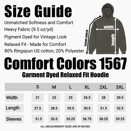 Size chart for Comfort Colors 1567 hoodies.