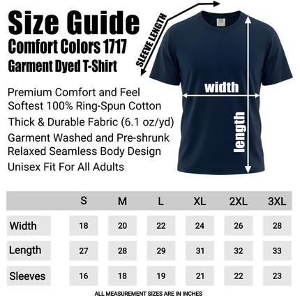 Size chart for Comfort Colors 1717 T-shirts.