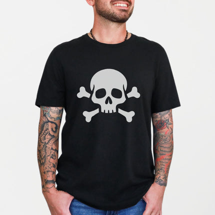 Gothic skull and crossbones graphic tee shirt featuring a pirate design on black fabric.