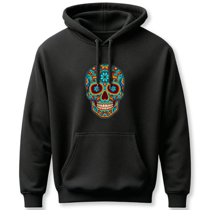 Colorful sugar skull calavera graphic on a black Day of the Dead pullover hoodie.