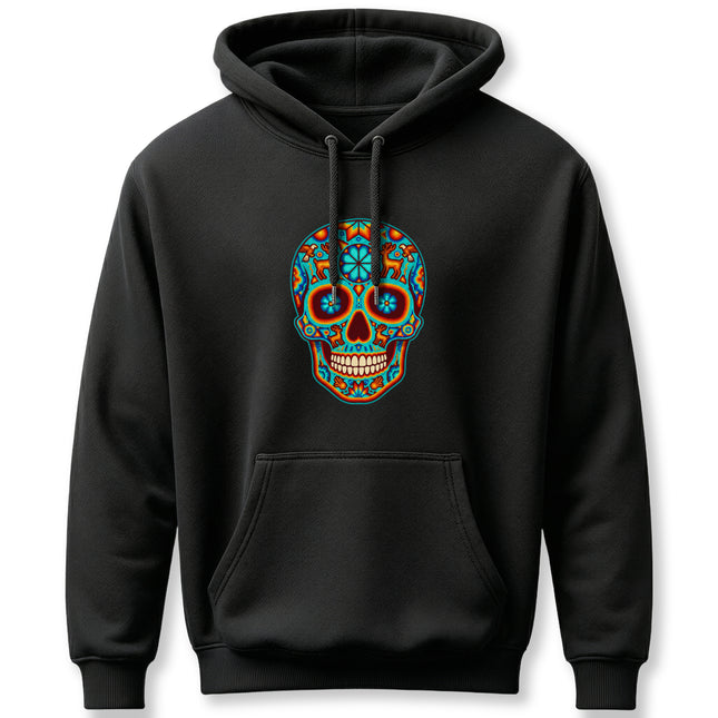 Colorful sugar skull calavera graphic on a black Day of the Dead pullover hoodie.
