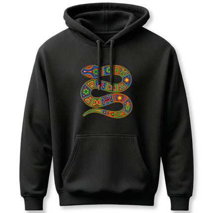 Colorful Huichol serpent graphic on black hoodie, featuring vibrant Mesoamerican indigenous folk art.