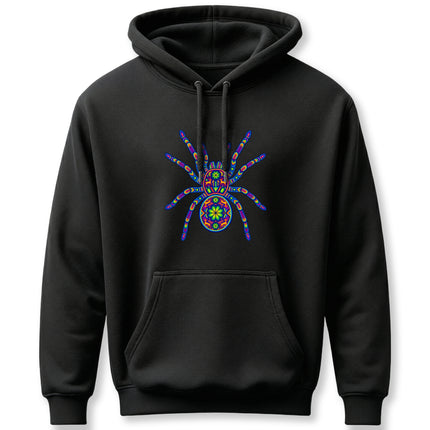 Vibrant Huichol tarantula mandala graphic on a black pullover hoodie.