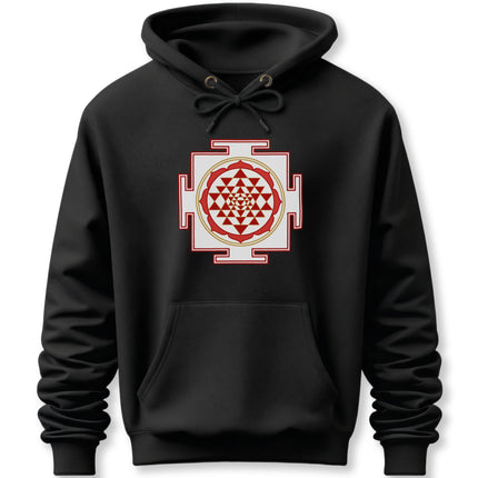 Sri Yantra sacred geometry symbol graphic on a black spiritual pullover hoodie.