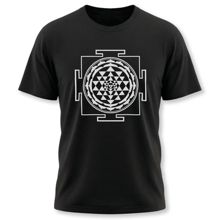 Black t-shirt featuring the Sri Yantra sacred geometry mandala symbol. Spiritual and meditative design.