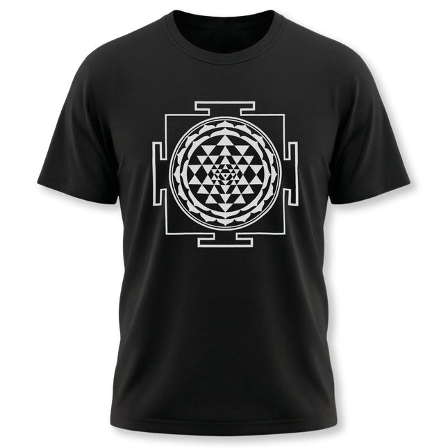 Black t-shirt featuring the Sri Yantra sacred geometry mandala symbol. Spiritual and meditative design.