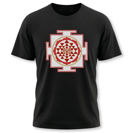 Sri Yantra sacred geometry mandala graphic tee on a black shirt.