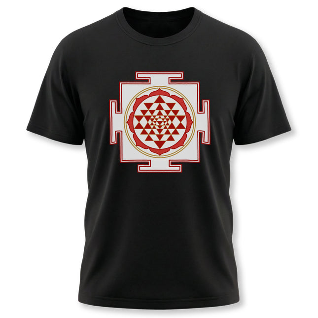 Sri Yantra sacred geometry mandala graphic tee on a black shirt.