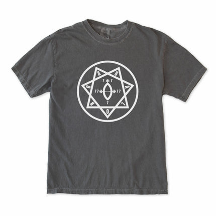 Star of Babalon occult symbol t-shirt featuring Thelema magick artwork on comfortable black fabric.