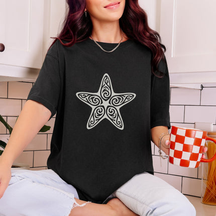 Black Tribal Starfish T-Shirt | Ornate Sea Creature Graphic Unisex Tee Shirt