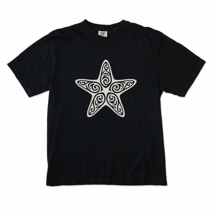 Black tribal starfish graphic printed on an ornate black unisex t-shirt design.