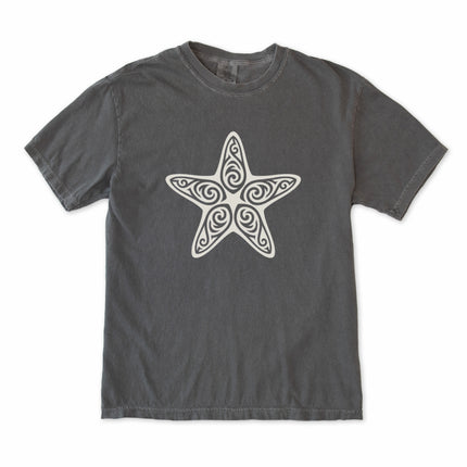 Black t-shirt featuring an ornate tribal starfish graphic design. Unisex sea creature print tee.