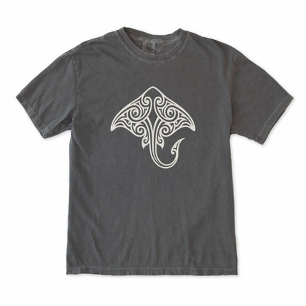 Maori tribal stingray graphic tee shirt featuring Polynesian ocean life art design.