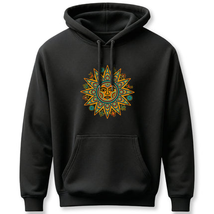 Huichol sun art graphic on a black pullover hoodie featuring indigenous Mexican symbolism.