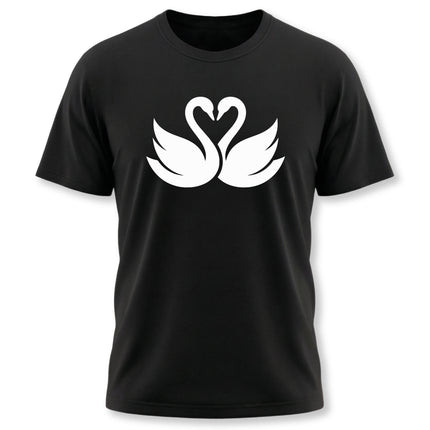 Elegant swan pair graphic forming a heart on a black t-shirt.