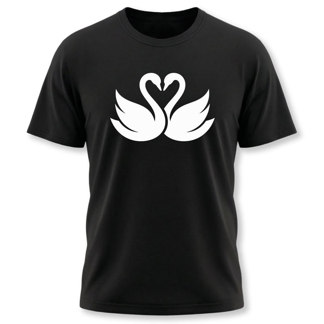 Elegant swan pair graphic forming a heart on a black t-shirt.