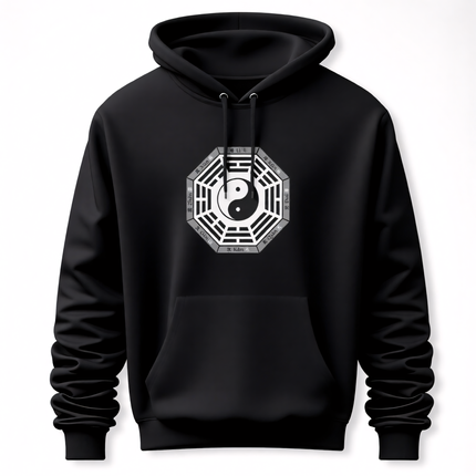 Black hoodie featuring Bagua, Yin Yang, and I Ching trigram symbols.