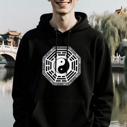 Black hoodie featuring the Bagua, Yin Yang, and I Ching trigram symbol graphic.