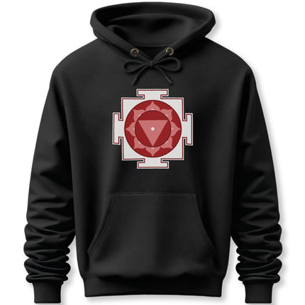 Black hoodie featuring a red Tara Yantra sacred geometry symbol of the Goddess.