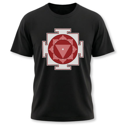 Red and white Goddess Tara Yantra sacred geometry design on a black spiritual t-shirt.