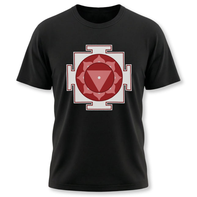 Red and white Goddess Tara Yantra sacred geometry design on a black spiritual t-shirt.