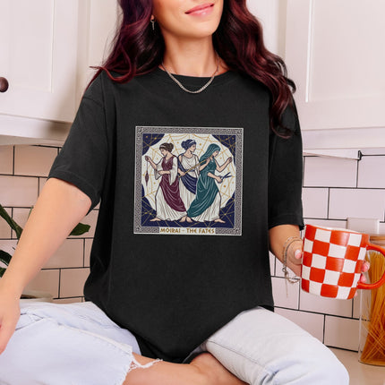 Ancient Greek goddesses Moirai Fates mythological print t-shirt featuring ancient fate art.