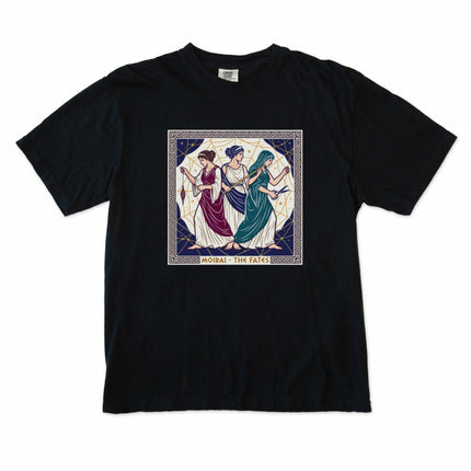 Ancient Greek Goddesses Moirai The Fates mythology t-shirt design featuring ancient figures.