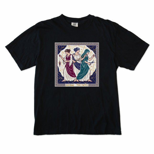 Ancient Greek Goddesses Moirai The Fates mythology t-shirt design featuring ancient figures.