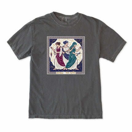Graphic tee featuring the three Moirai Fates goddesses from Greek mythology design print.